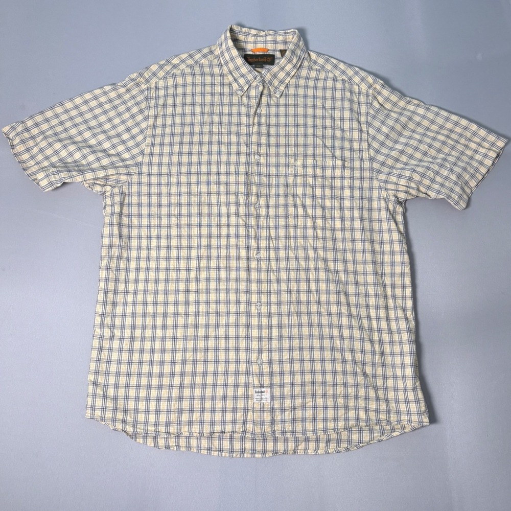 Timberland Mens XL Short Sleeve Plaid Button Down Shirt Cotton Yellow Blue 40461